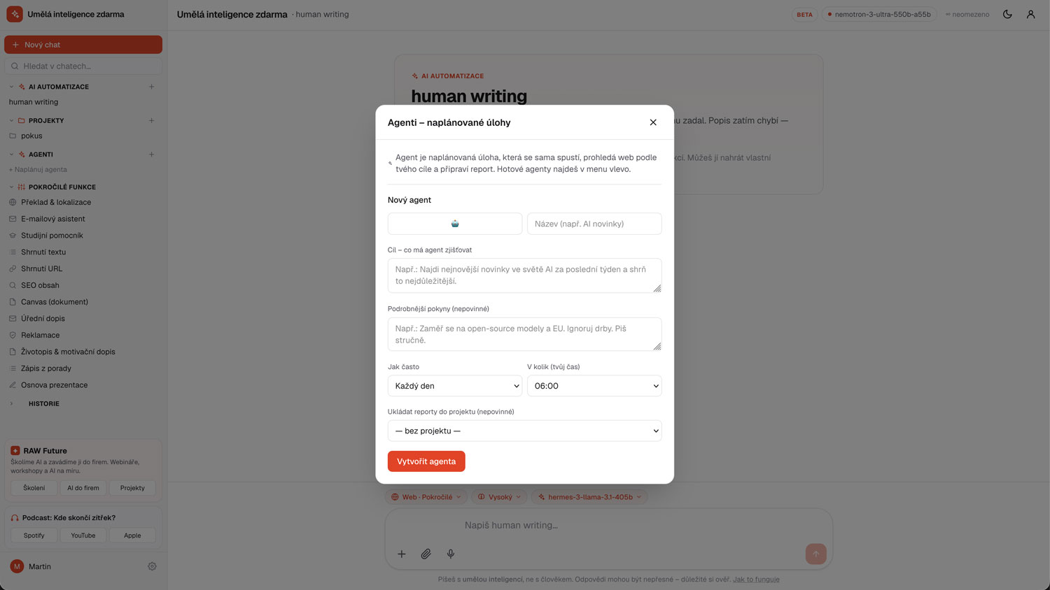 Projekty, vlastní asistenti a agenti