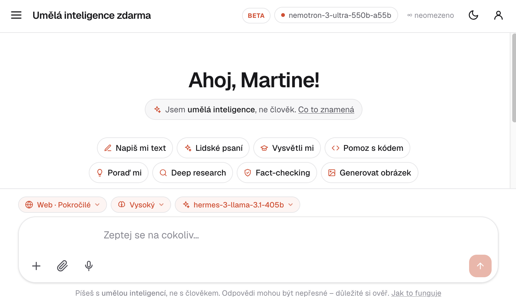 UmelaInteligenceZdarma.cz – AI chat zdarma