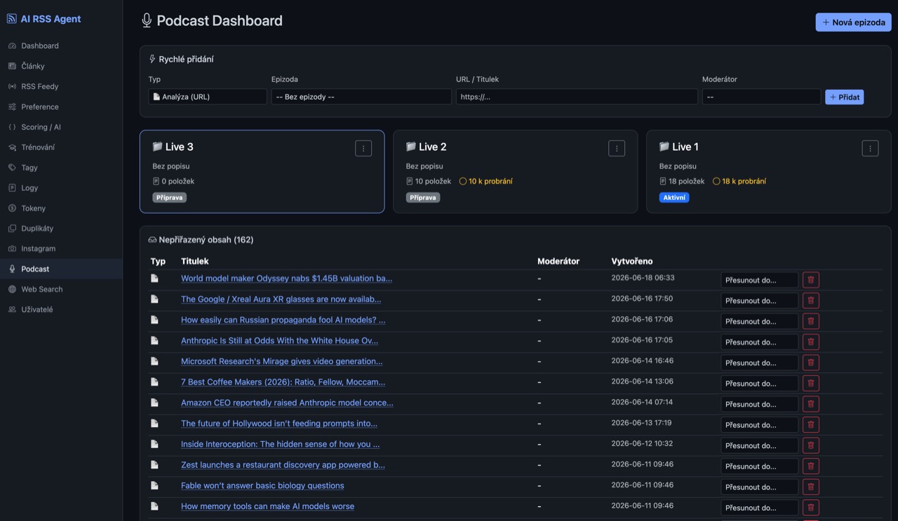 Podcast dashboard — příprava epizod z vybraných článků